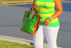 My style: Lemon-Lime (Alice + Olivia Striped Tube Top + Proenza Schouler PS11 Capri Tote + Rockport Janae Perforated Sandals)