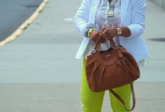 My style: Tornado watch (White blazer & peplum top, neon yellow jeans, Vince Camuto sandals, Furla satchel)