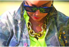 My style: A walk in the park (WGACA camo jacket + Equipment neon blouse + Alexander Wang bag + Valentino pumps)