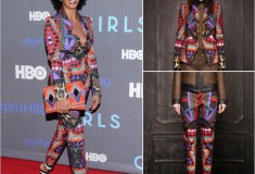 Haute or not: Solange Knowles in a Just Cavalli printed suit & Bottega Veneta Three-tone leather ankle cuff sandals