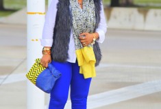 My style: Blue and gold (Faux fur vest + blue H&M pants + ASOS Print clutch)