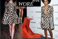 What she wore: Solange Knowles in a Jill Stuart stripe dress and Burberry Prorsum Silk-satin wedge pumps