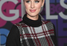 Nicky Hilton in Nasty Gal Plaid Student Turtleneck Sweater Dress and Stuart Weitzman Highland boots at the Girls premiere