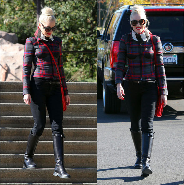 Gwen Stefani in Studded Louboutin Booties and Check Pants, Hit or