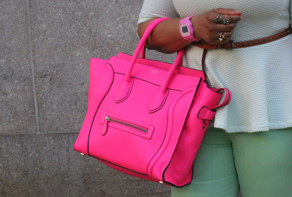 My style - mint H&M peplum top BDG jeans flouro pink Celine Luggage ...