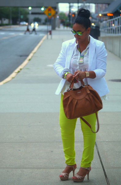 My style: Tornado watch (White blazer & peplum top, neon yellow jeans ...