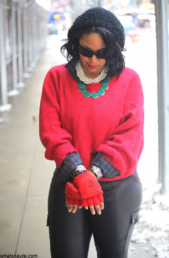My style: Snow day (lia sophia jewelry + Free People sweater + Tory Burch  leather cargo leggings) - What's Haute™