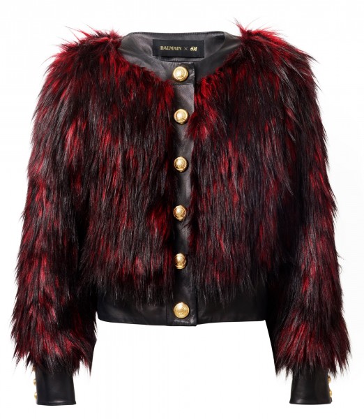 Balmain x H&M red faux fur coat